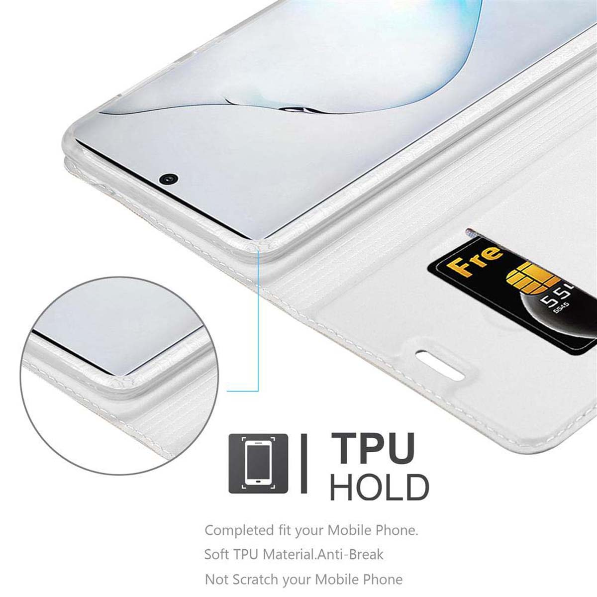 Custodia bianca con telefono, SIM. Testo: TPU HOLD. Sfondo bianco.