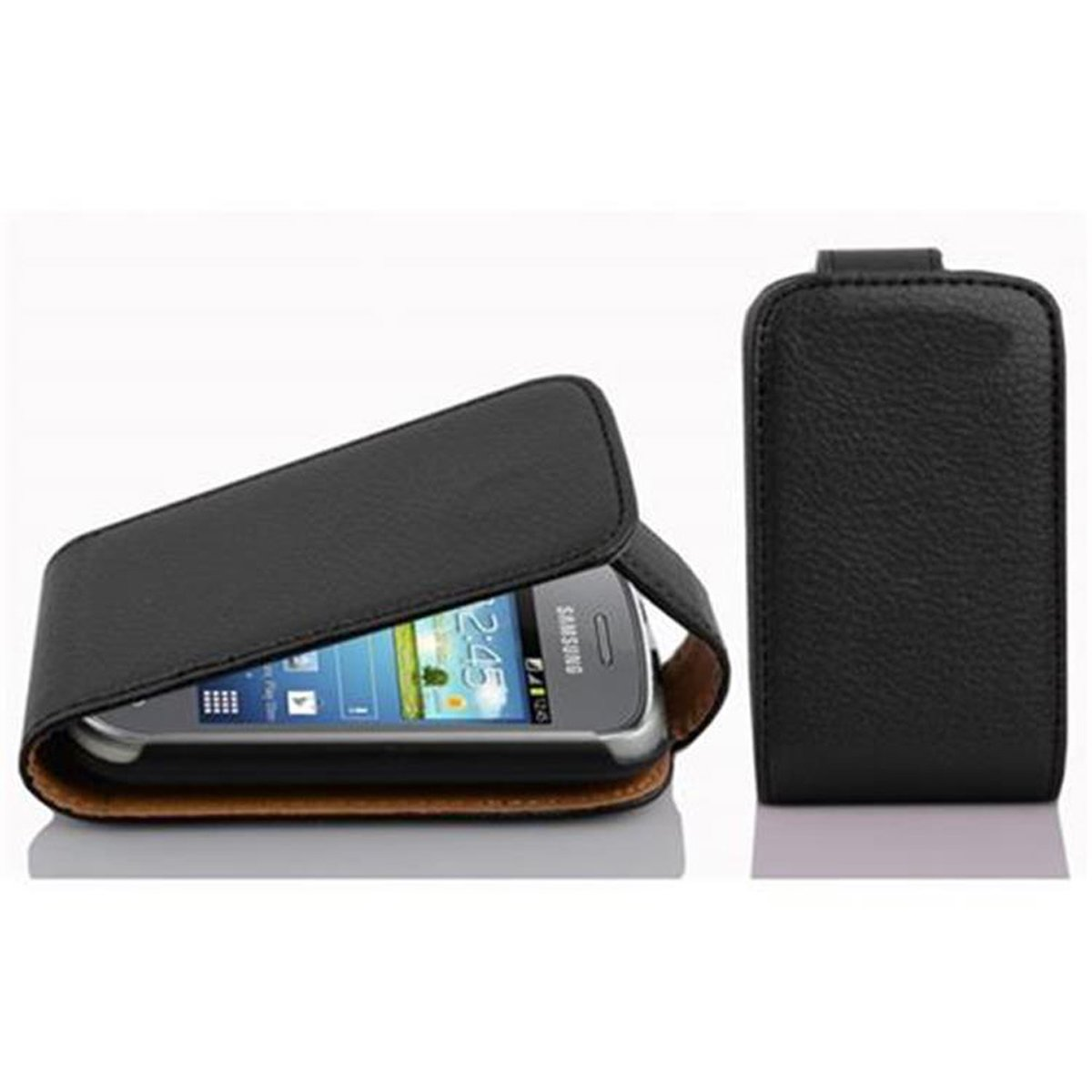 Eine schwarze Handyhülle ist geöffnet und zeigt ein Telefon. Die Hülle ist Leder und liegt auf einer Oberfläche.