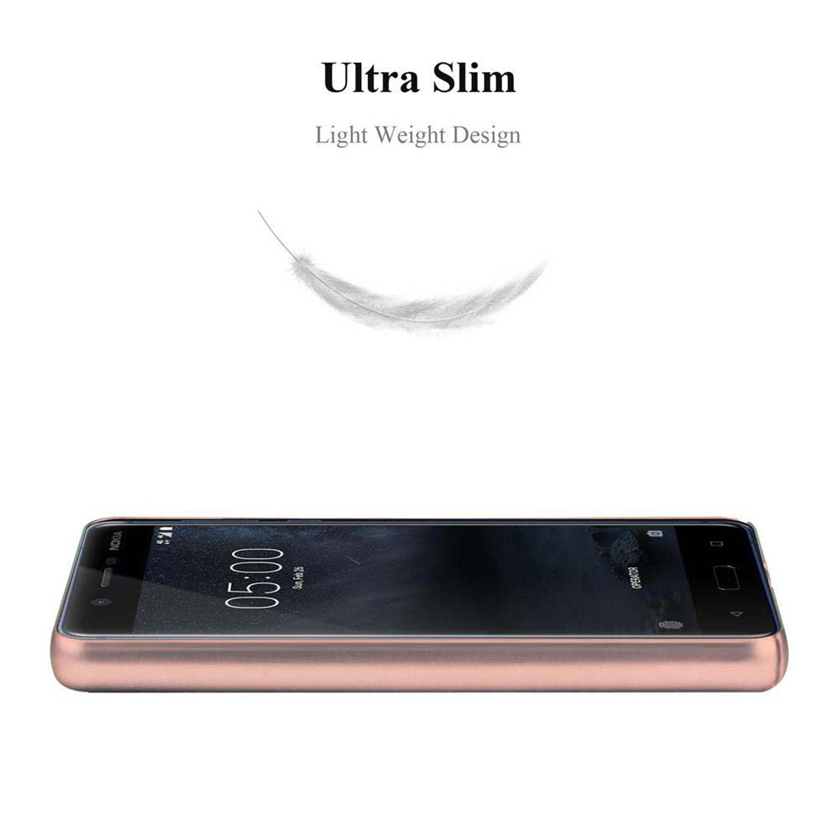 Telefono in una custodia con una piuma sopra. Il telefono è oro rosa e la custodia nera.