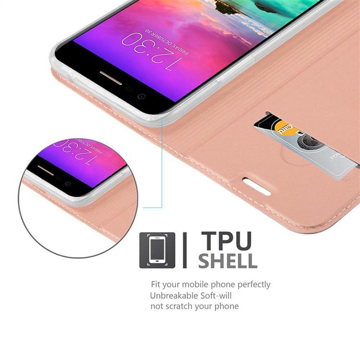 Primo piano di un telefono in una custodia rosa, che mostra uno slot per schede. Il testo TPU SHELL è visibile.