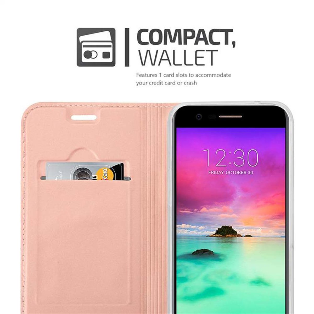 L'immagine mostra una custodia rosa con un telefono all'interno e una carta in una fessura.
