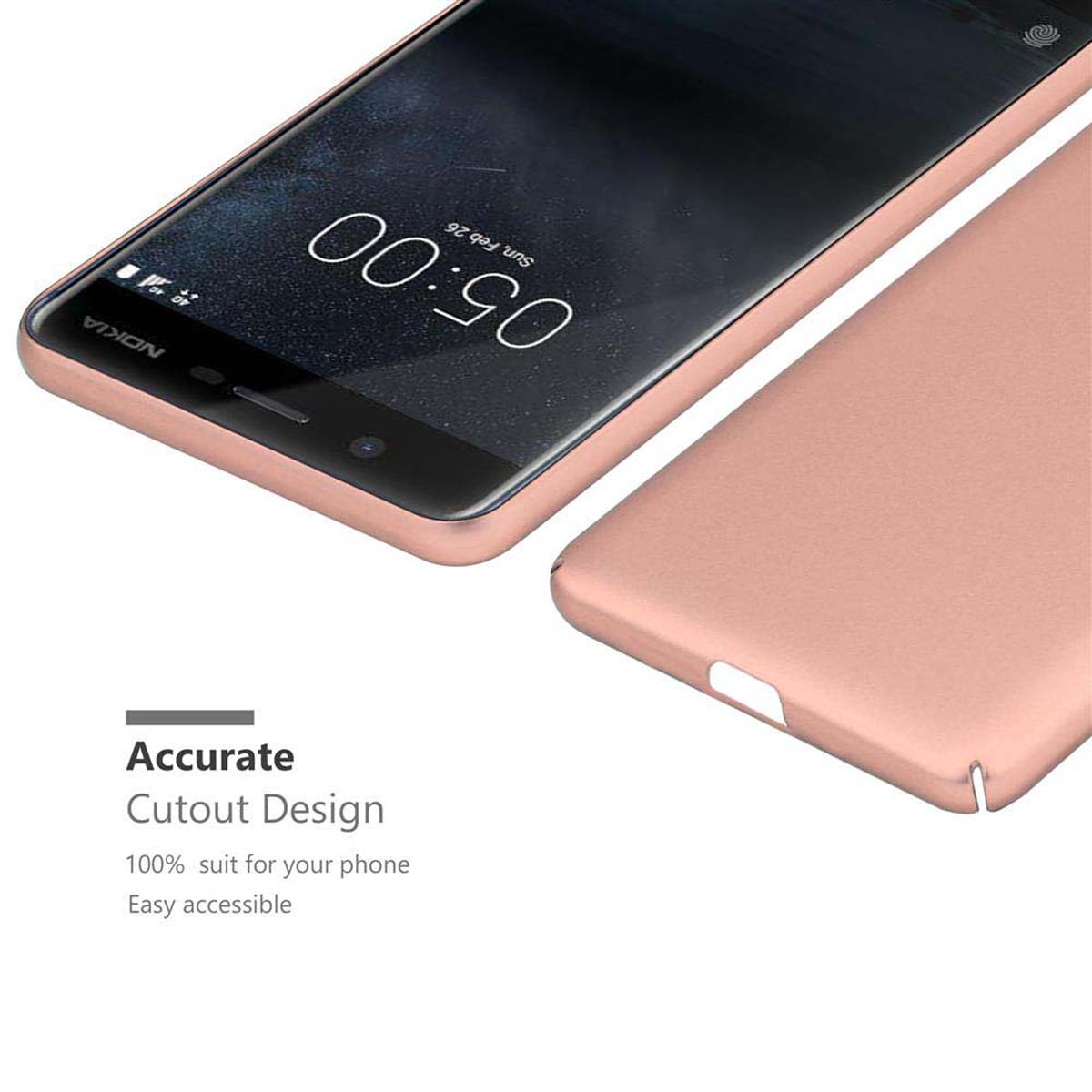 Un telefono e una custodia color oro rosa. Testo: 'Accurate Cutout Design'. Lo schermo mostra l'ora.