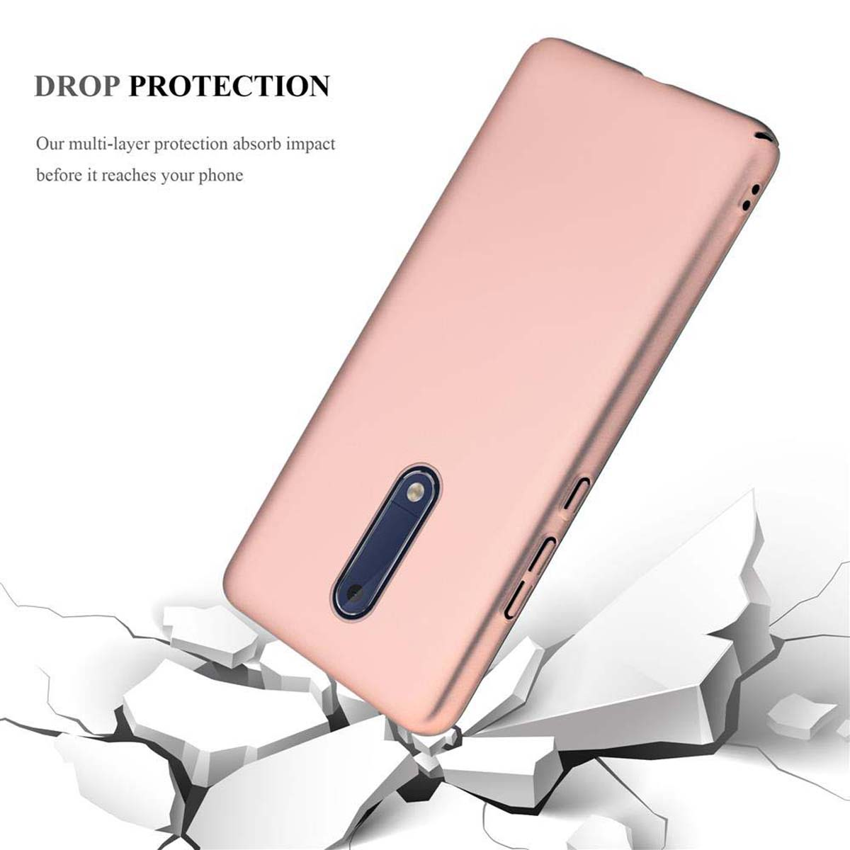 Custodia per telefono di colore rosa. La custodia è su uno sfondo bianco con informazioni sulla protezione dagli impatti.