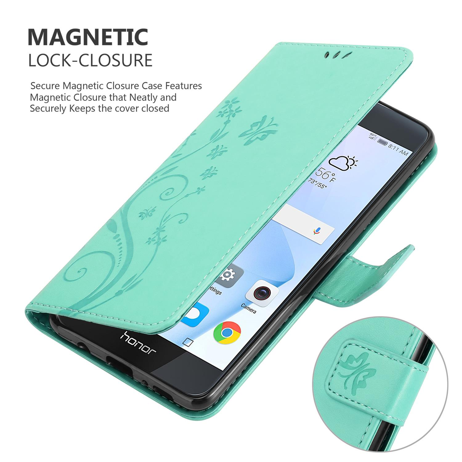 Una custodia per telefono verde acqua, aperta, rivela un telefono con schermo. La custodia ha disegni floreali e chiusura magnetica.