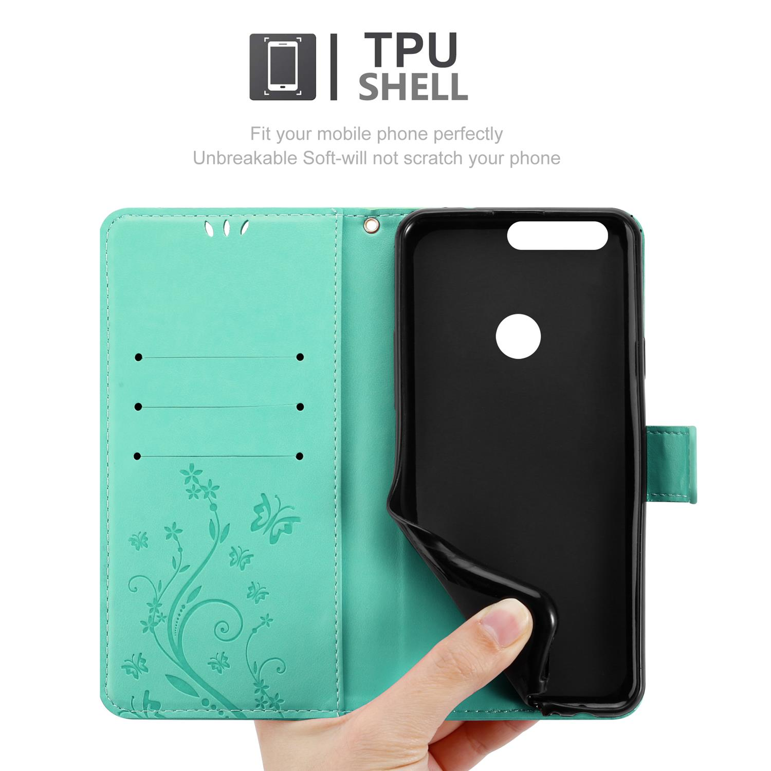 Custodia per telefono verde acqua aperta con un telefono nero all'interno. Una mano tiene aperta la custodia.