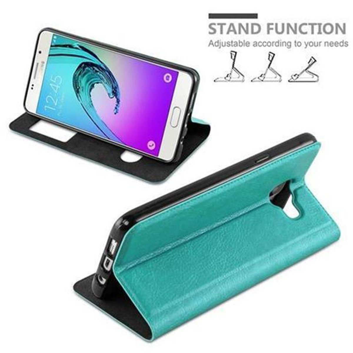 Funda de teléfono con teléfono, apoyado. El texto dice 'Stand Function'.