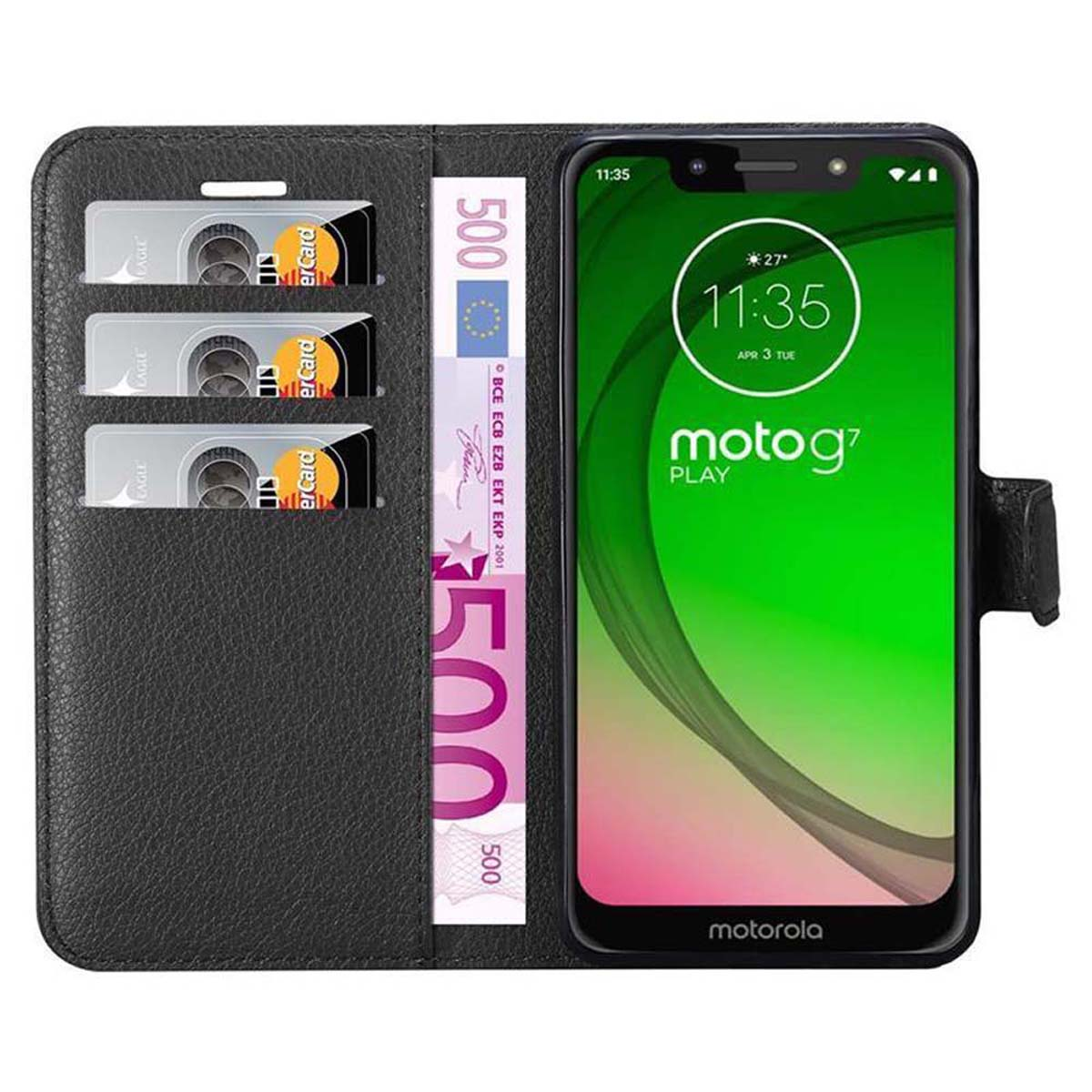 Telefono nero in custodia nera. Il telefono mostra l'ora 11:35. Custodia con carte e banconota da 500€.