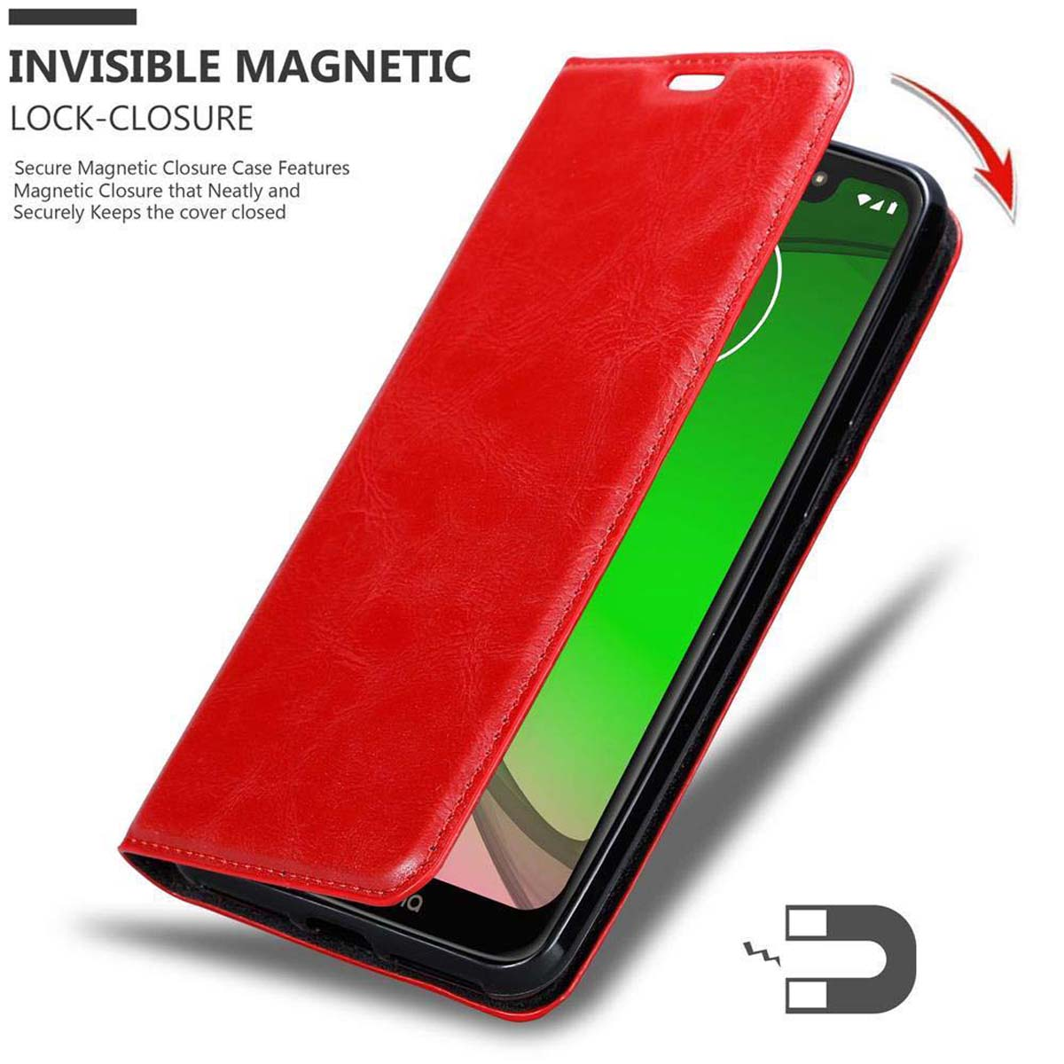 Una custodia rossa per telefono aperta, che mostra un telefono all'interno, con chiusura magnetica invisibile.