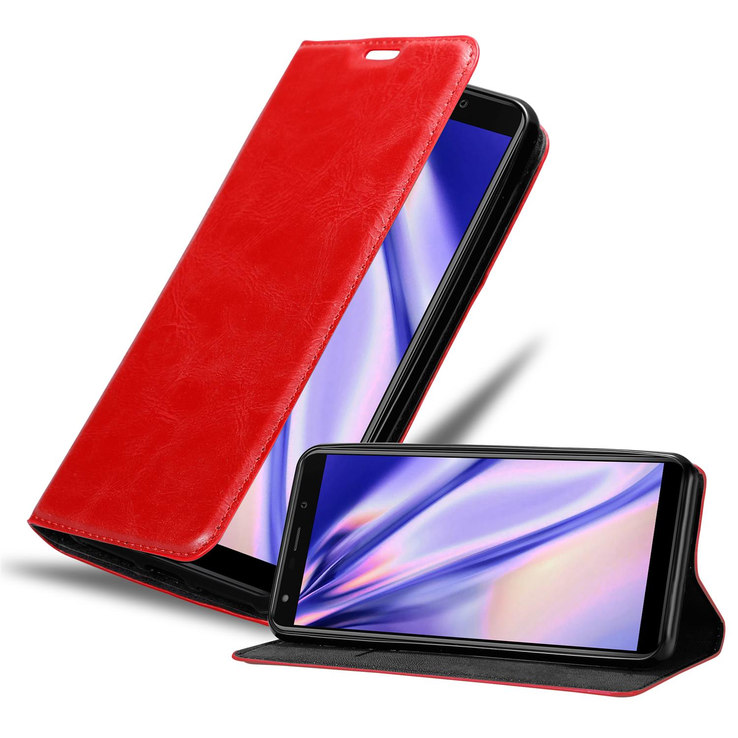 Funda de teléfono roja abierta, mostrando el teléfono. Otro teléfono abajo. Fondo blanco.