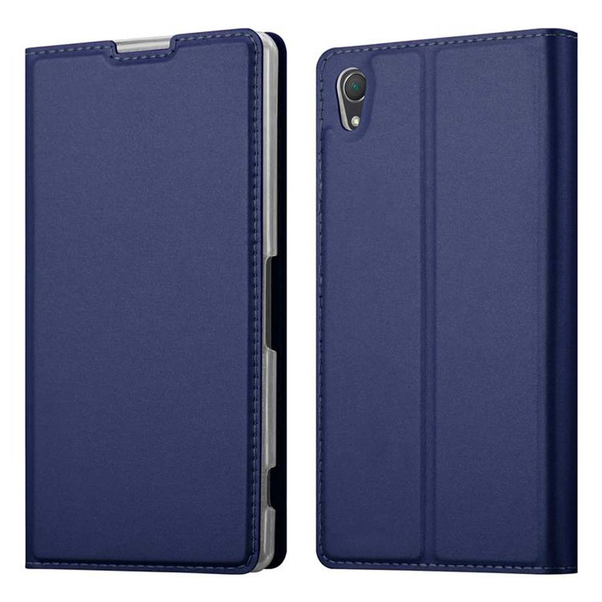 Funda de teléfono azul oscuro, mostrando el teléfono. La cubierta está abierta, mostrando la pantalla.