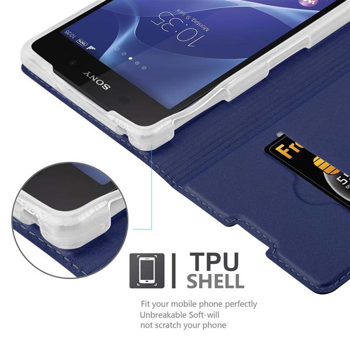 Funda azul, abierta. Teléfono visible, mostrando la pantalla. Tarjeta de crédito en ranura.