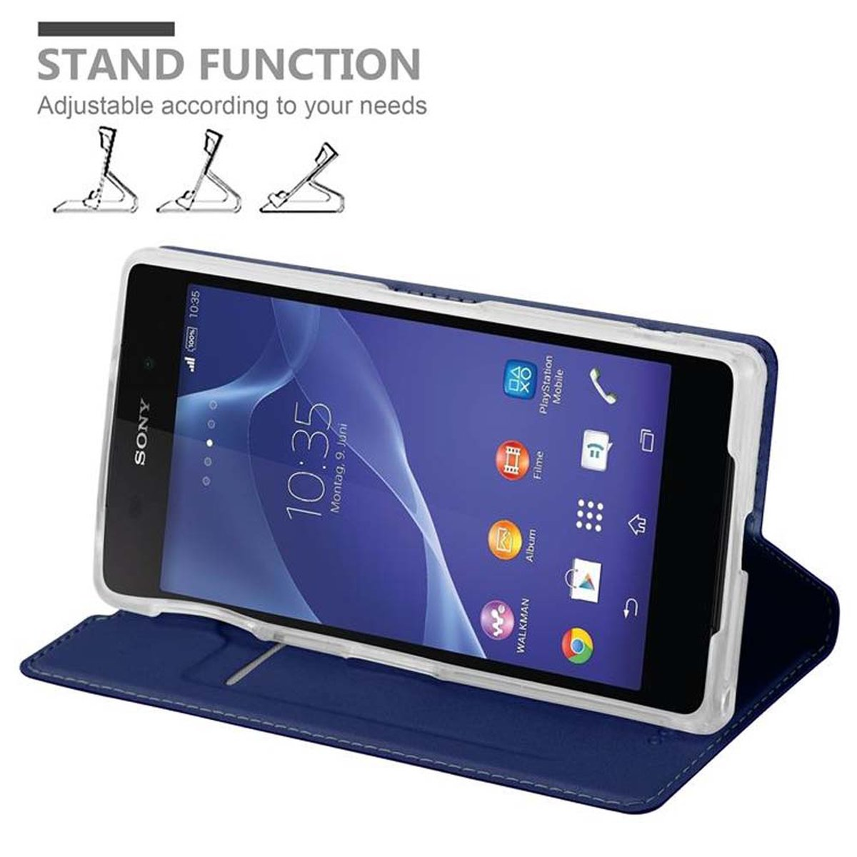 Funda azul con teléfono en posición de soporte, sobre superficie blanca.