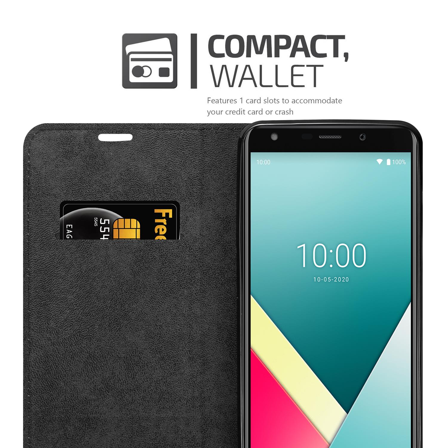 Funda de teléfono negra abierta que muestra un teléfono, ranura para tarjeta con tarjeta Fre. Pantalla del teléfono visible.