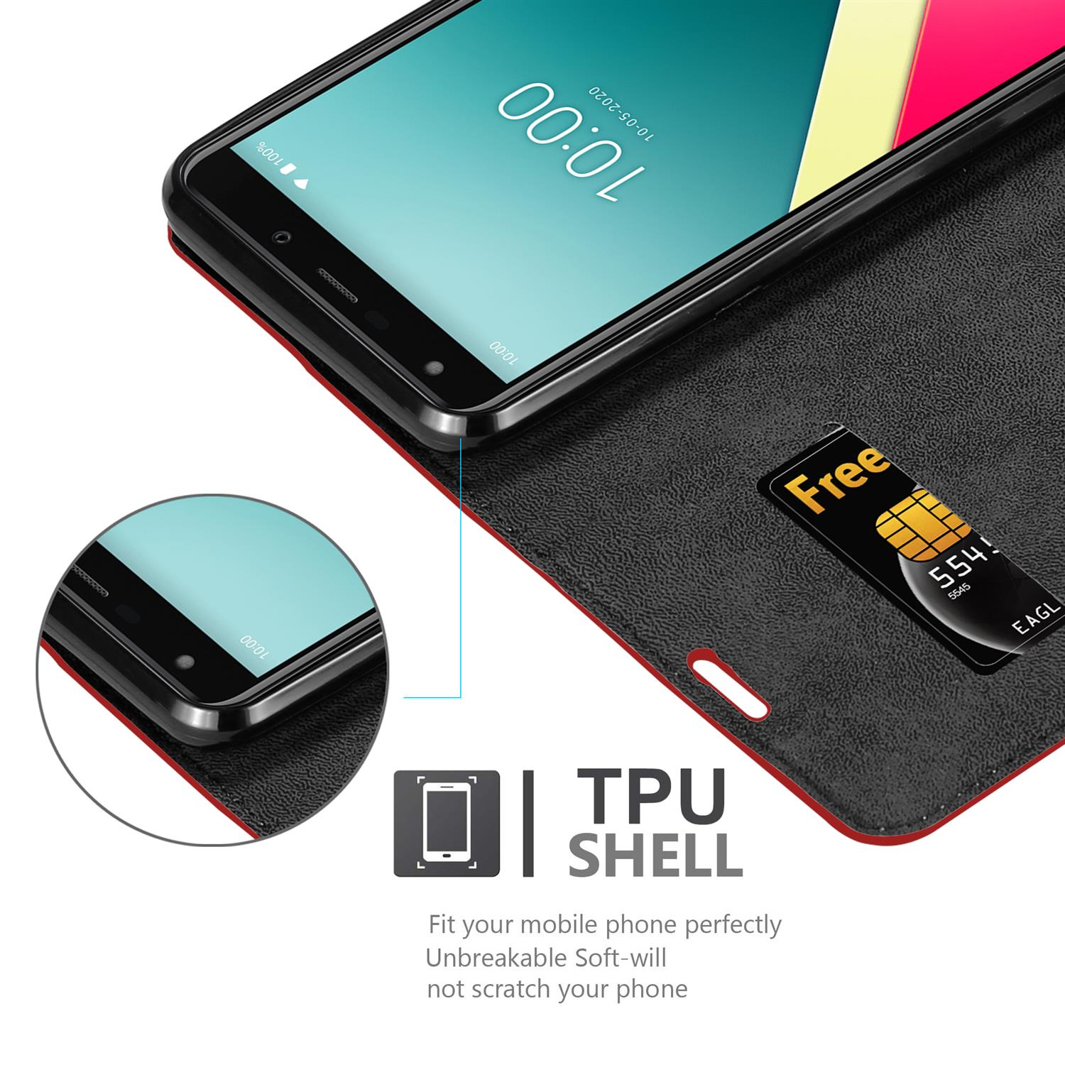 Teléfono en funda roja con tarjeta SIM. El teléfono muestra la hora. Detalles TPU SHELL. Rojo y negro.