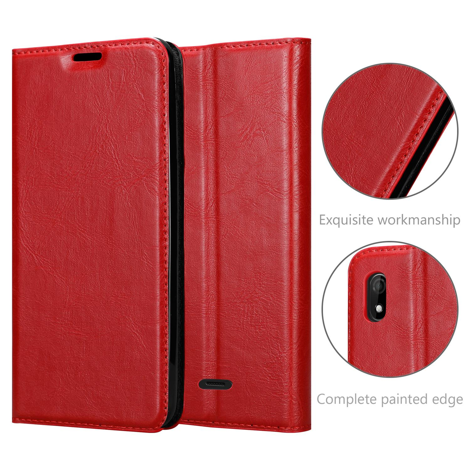 Funda roja, abierta, con teléfono. Detalles resaltados. Fondo blanco.