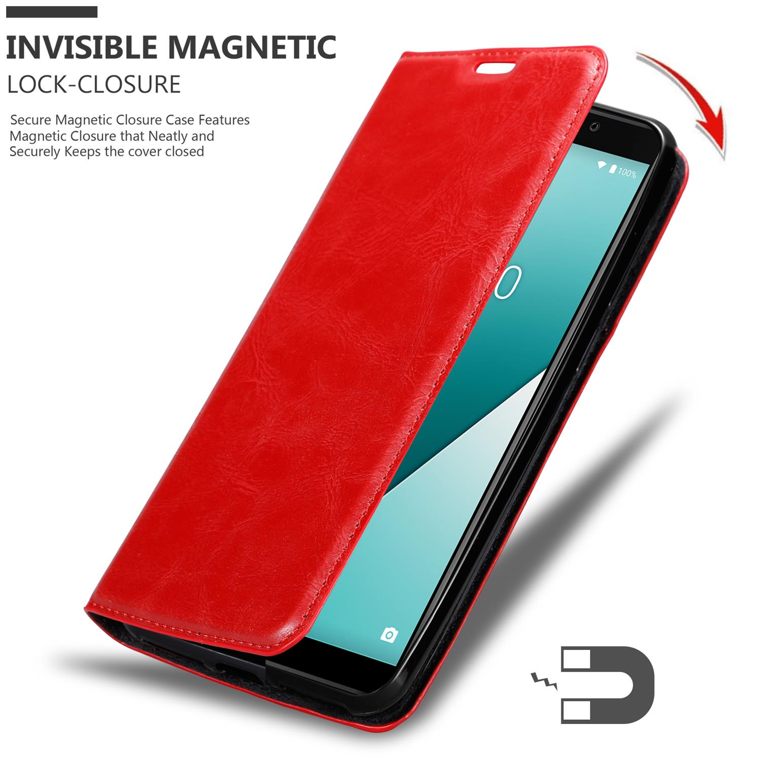 Funda roja para teléfono, abierta, mostrando un teléfono. Texto: Cierre magnético invisible.