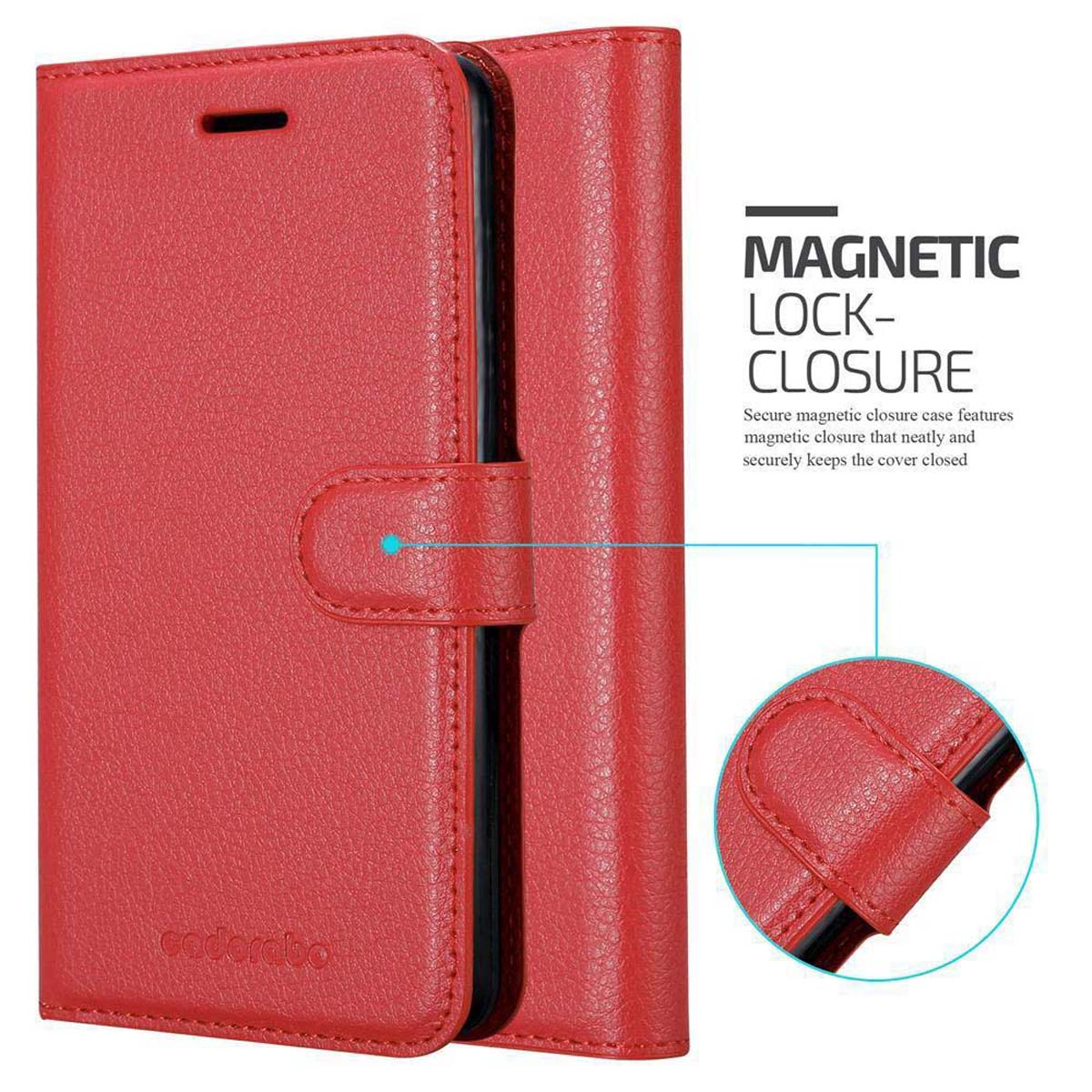 Custodia per telefono rossa chiusa, con chiusura magnetica.