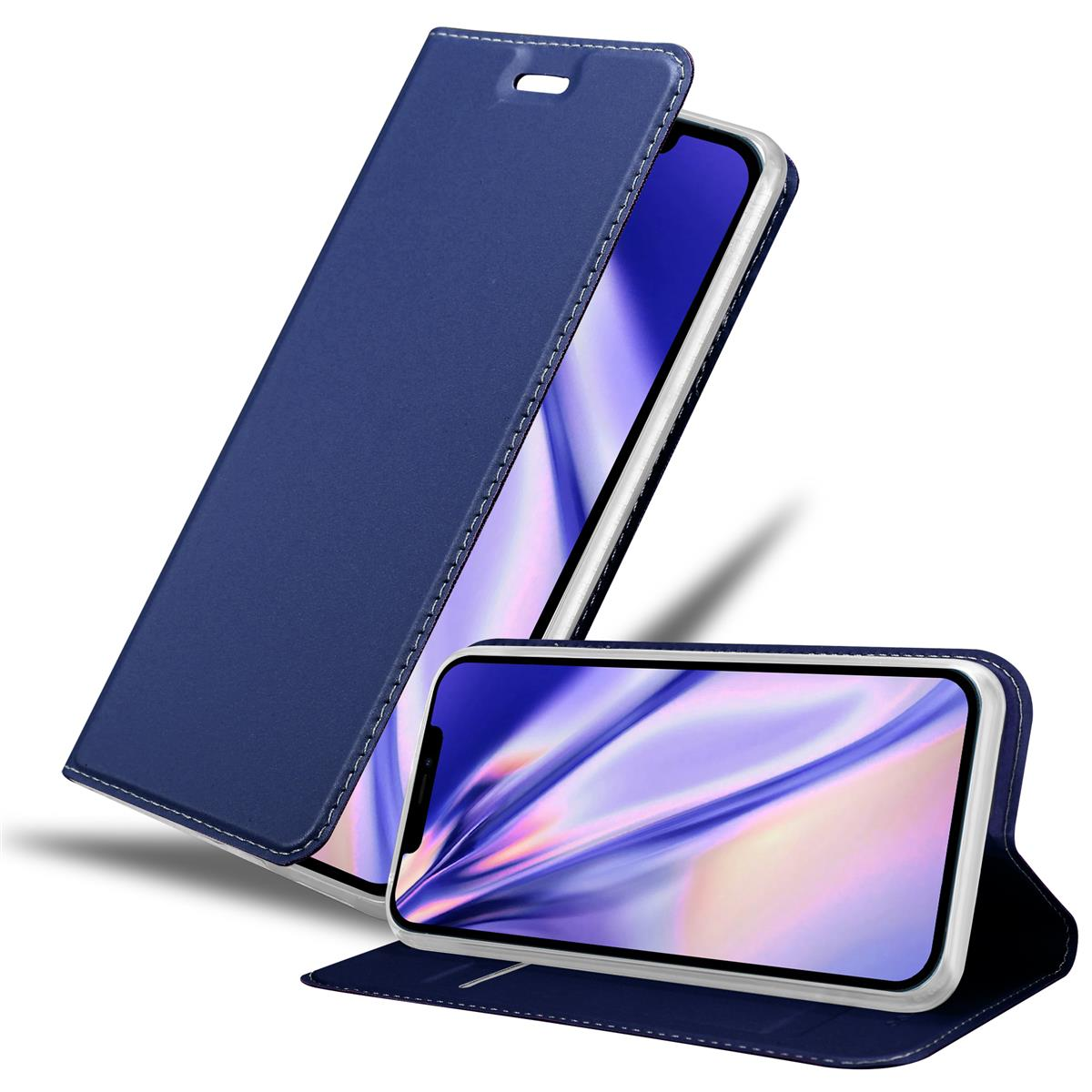 Custodia per telefono blu con telefono all'interno. Il telefono mostra uno schermo colorato. Cuciture bianche.