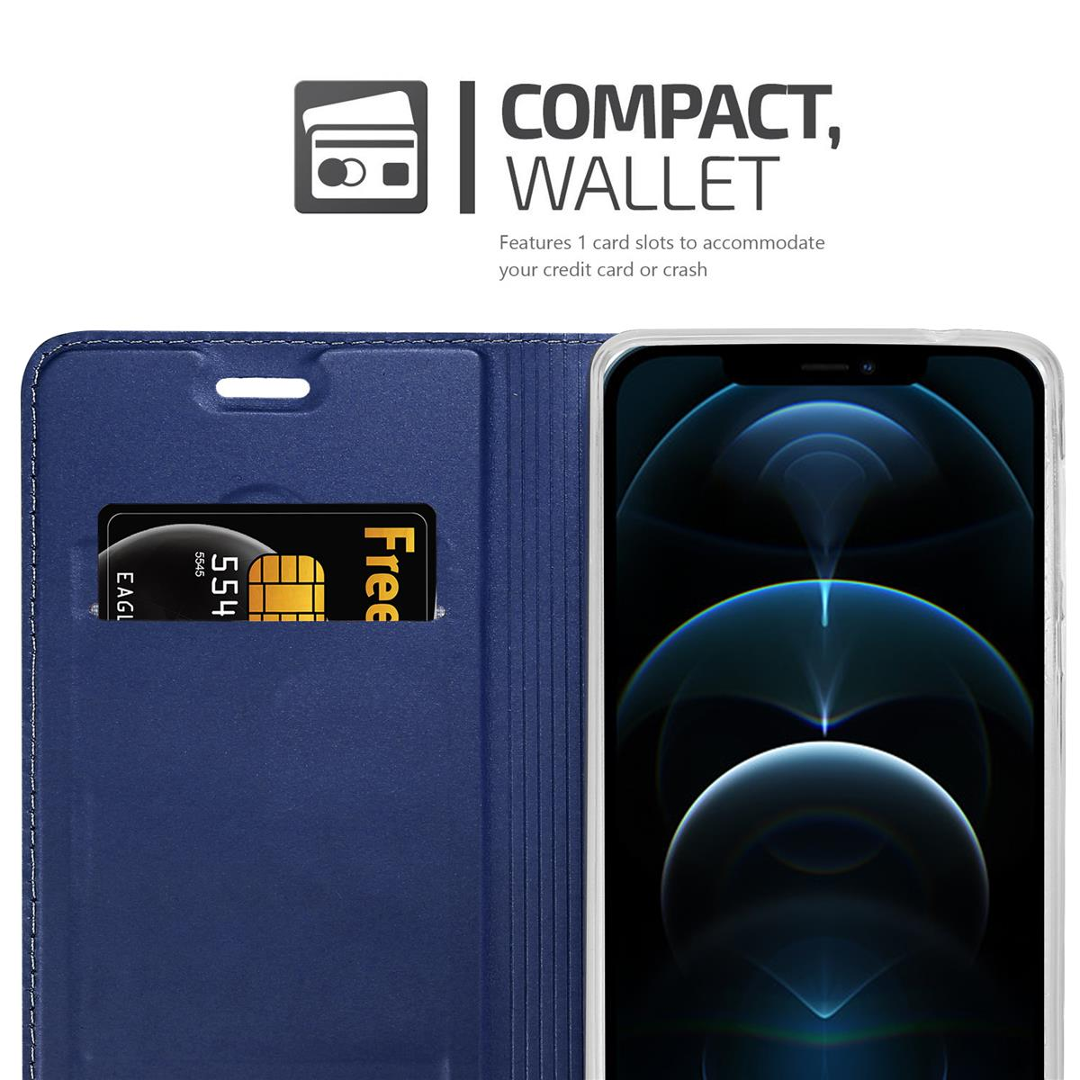 Custodia a portafoglio blu per telefono con fessura per carte e schermo del telefono visibile.
