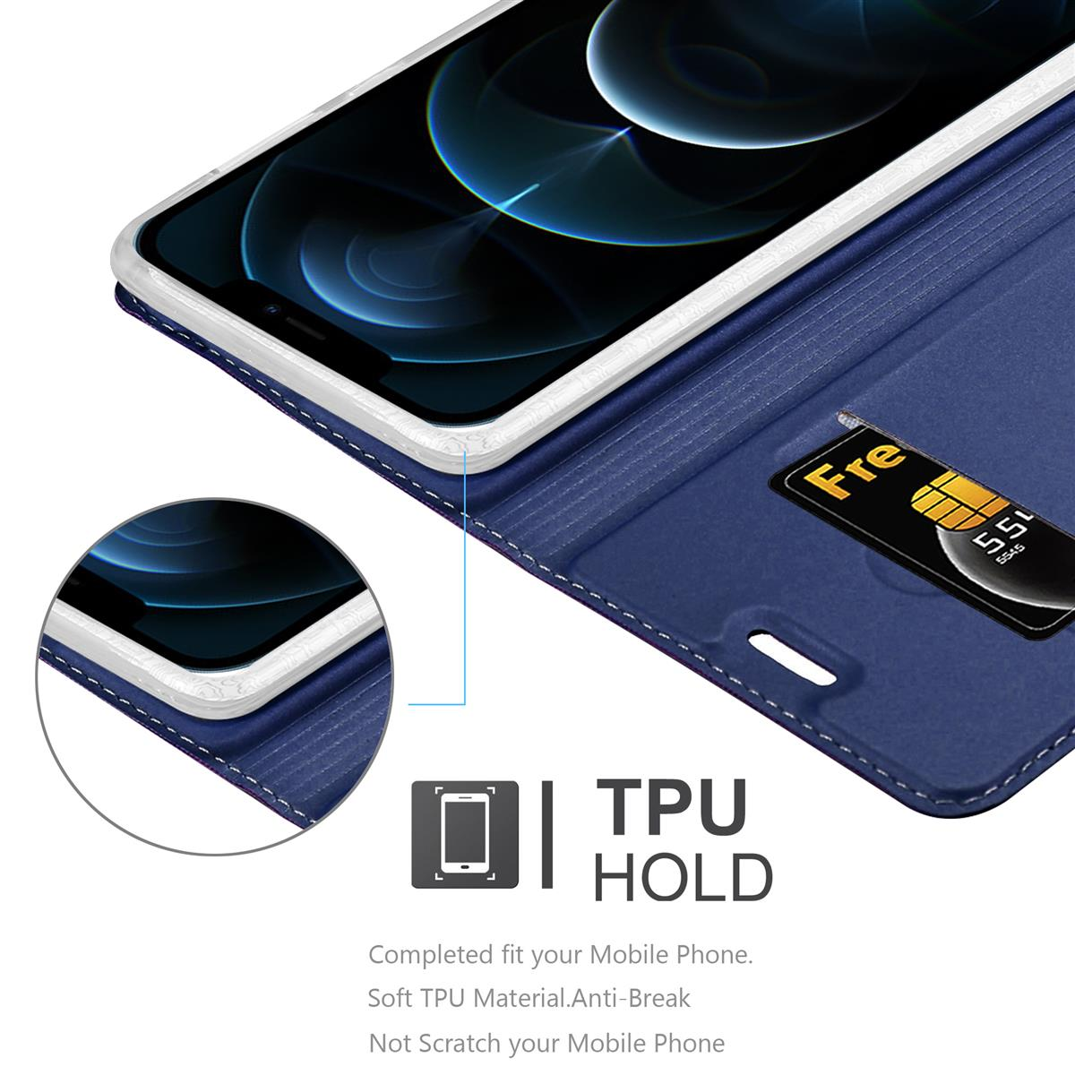 Custodia blu per telefono con un telefono all'interno. Una carta è in uno slot. La custodia è aperta.
