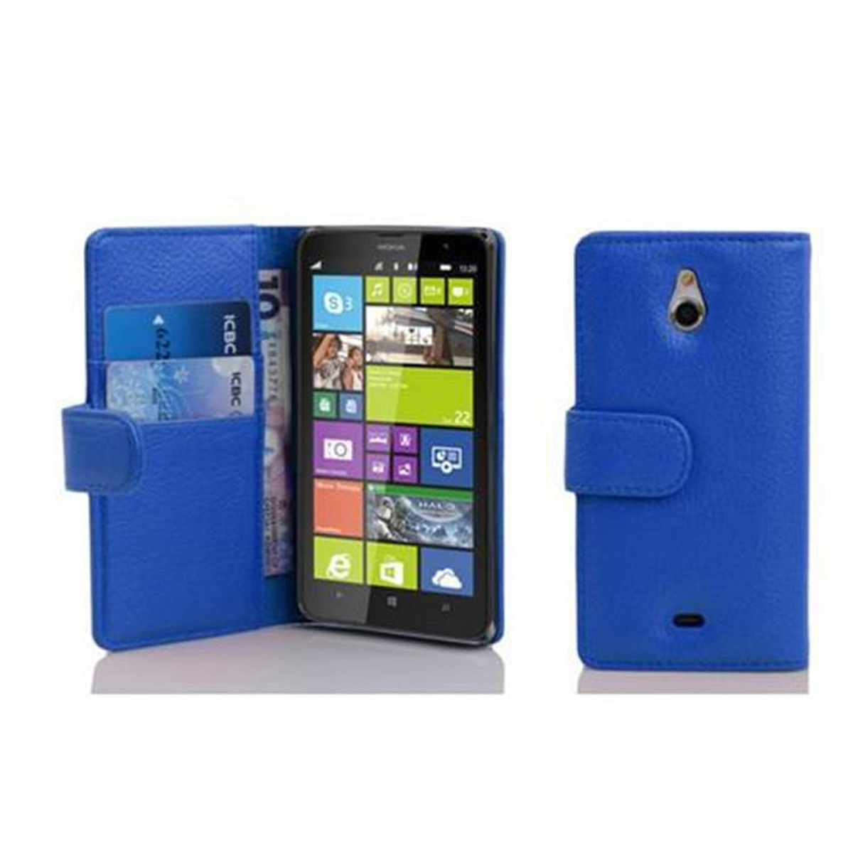 Étui de téléphone bleu avec un téléphone à l'intérieur. Cartes de crédit visibles sur le côté.
