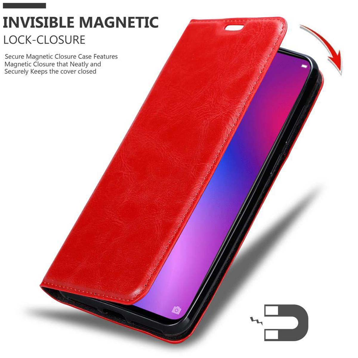 Custodia per telefono rossa aperta, telefono all'interno. Testo: Chiusura magnetica invisibile. Simbolo del magnete.