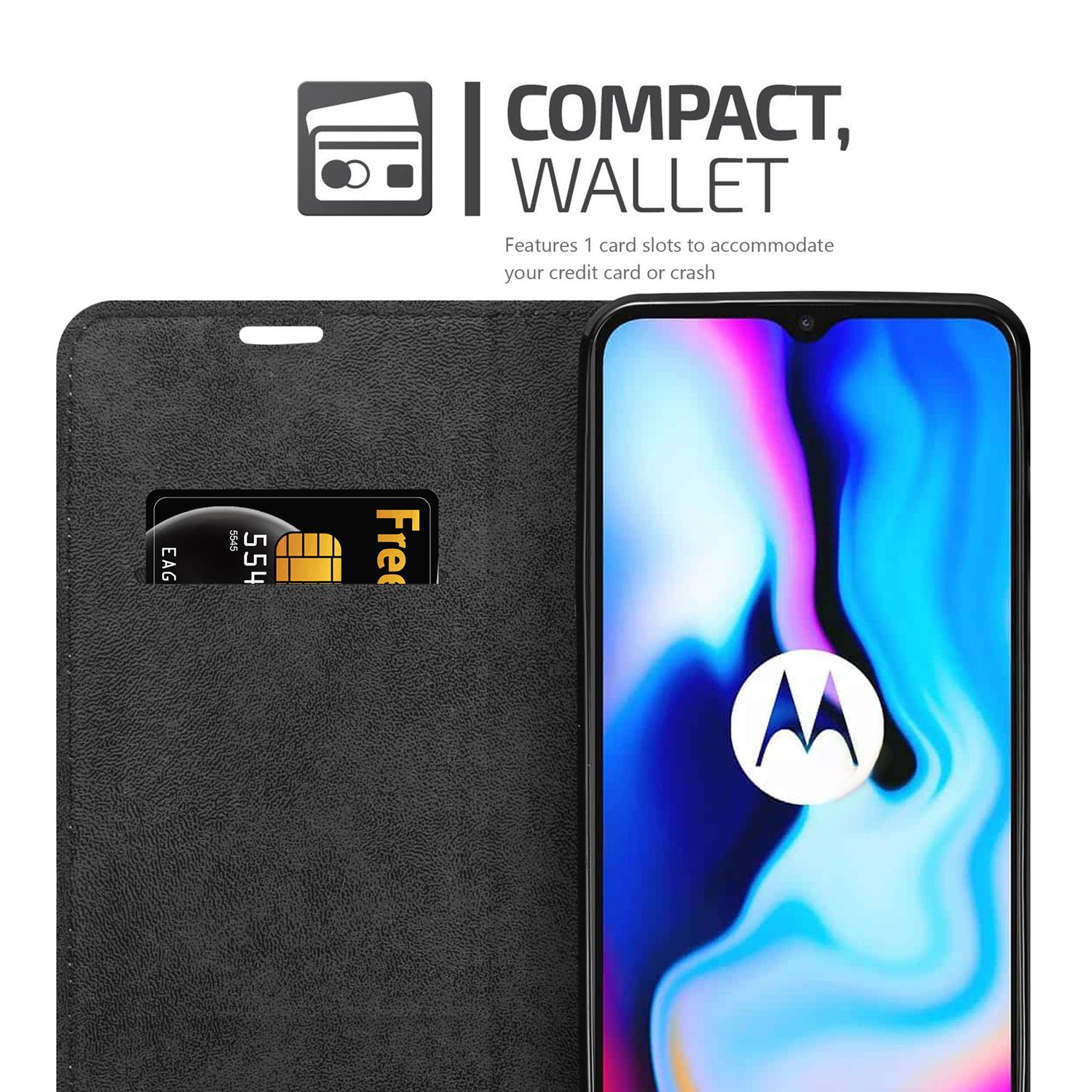 Schwarze Handyhülle geöffnet mit Telefon und Karte. Der Bildschirm ist an. Die Hülle hat einen Portemonnaie-Stil.