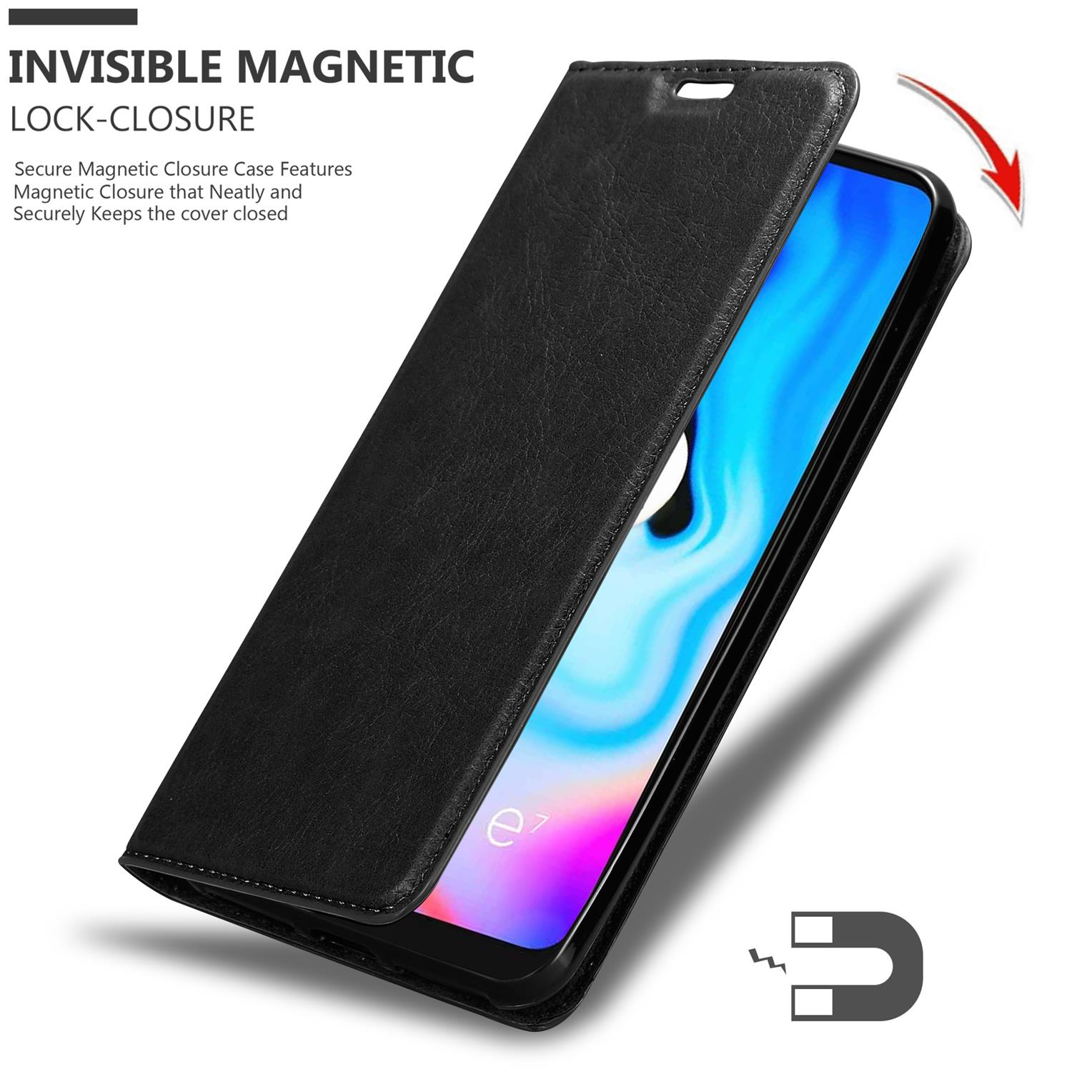 Schwarze Handyhülle mit Telefon darin. Text: Unsichtbarer Magnetverschluss.