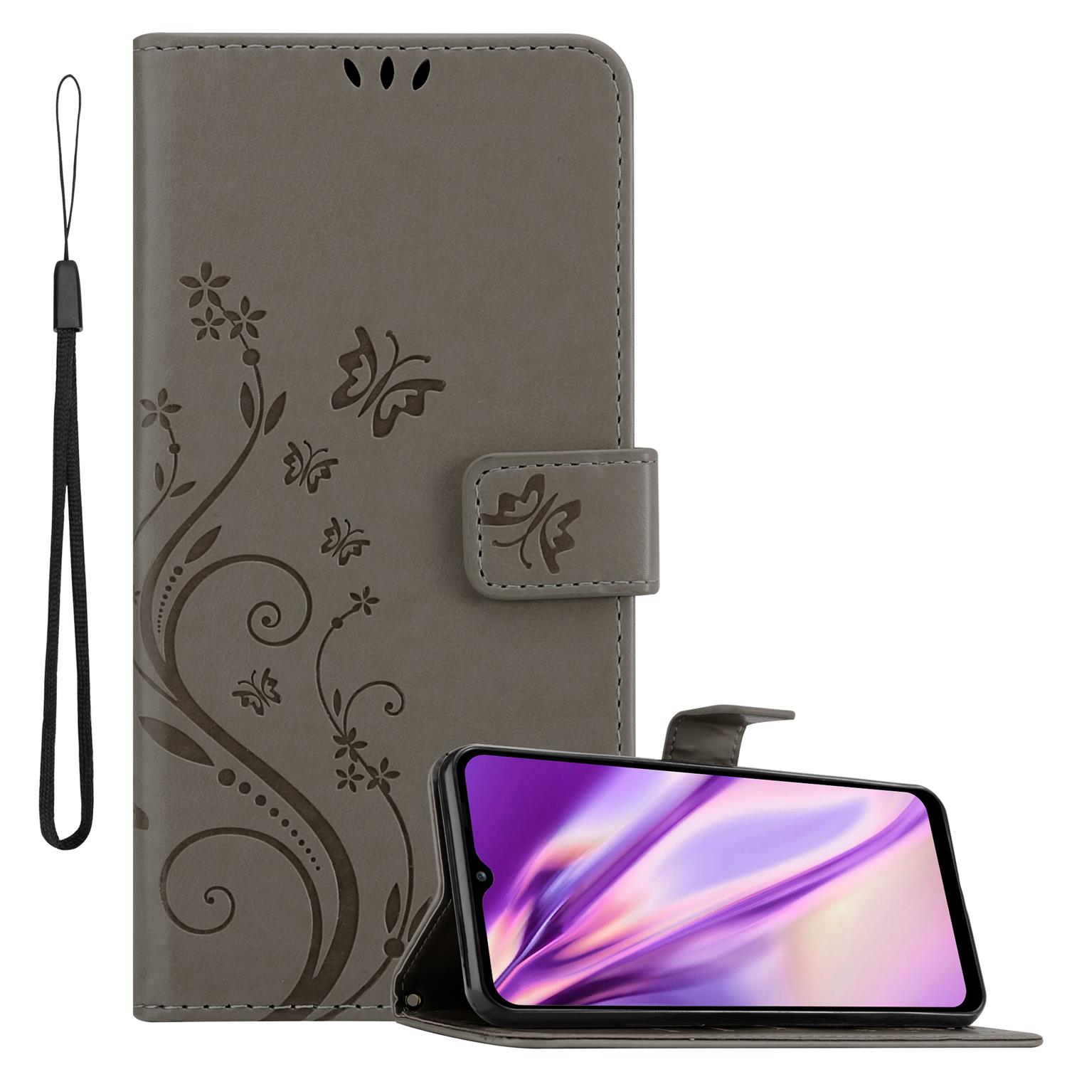 Flower Muster Samsung, Galaxy Bookcover, Hülle / Blumen FLORAL A12 Case, CADORABO M12, GRAU