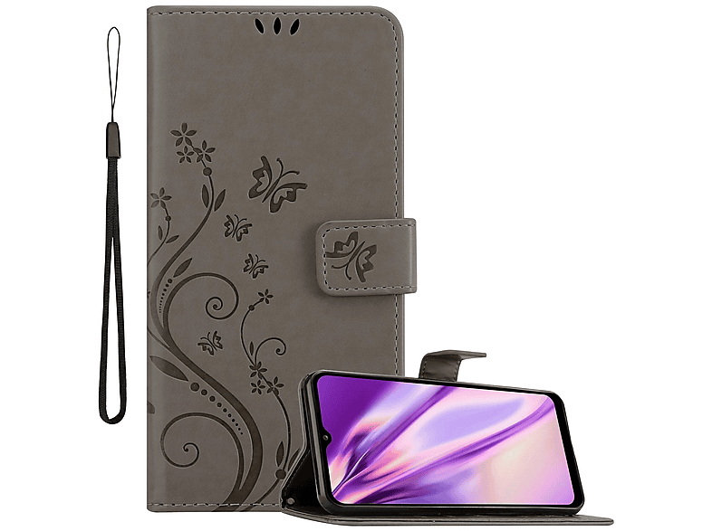 Flower Muster Samsung, Galaxy Bookcover, Hülle / Blumen FLORAL A12 Case, CADORABO M12, GRAU