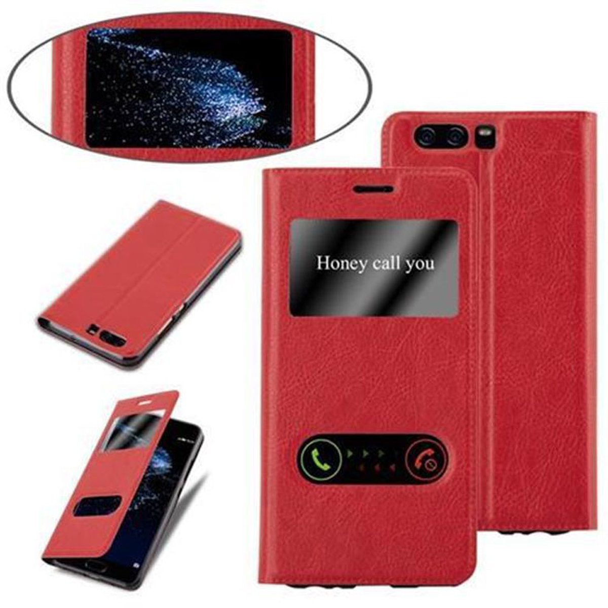 Custodia rossa per telefono con un telefono all'interno. Lo schermo mostra un'interfaccia utente. La custodia ha una finestra.