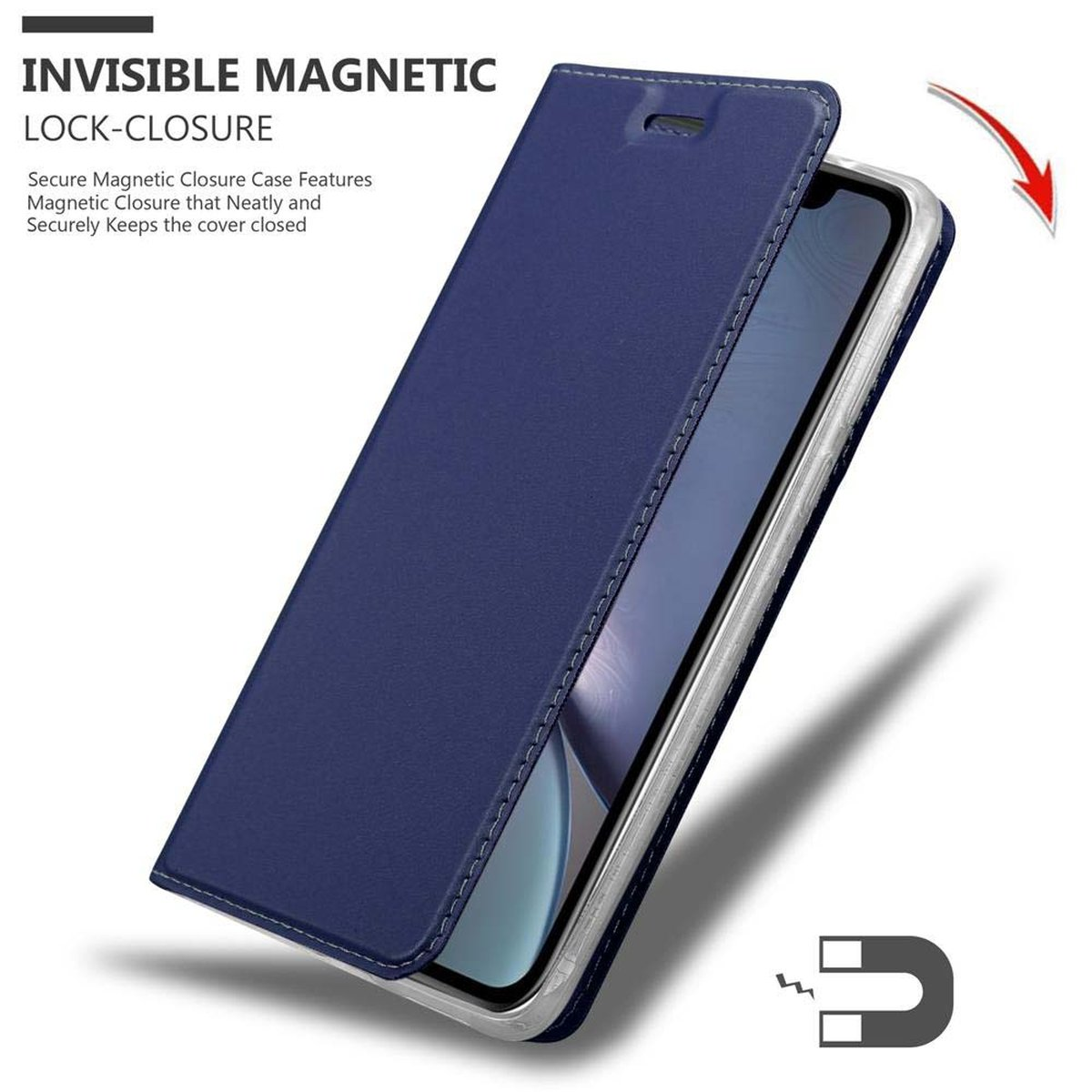 Custodia blu per telefono aperta, che mostra un telefono. È visibile un grafico a magnete.