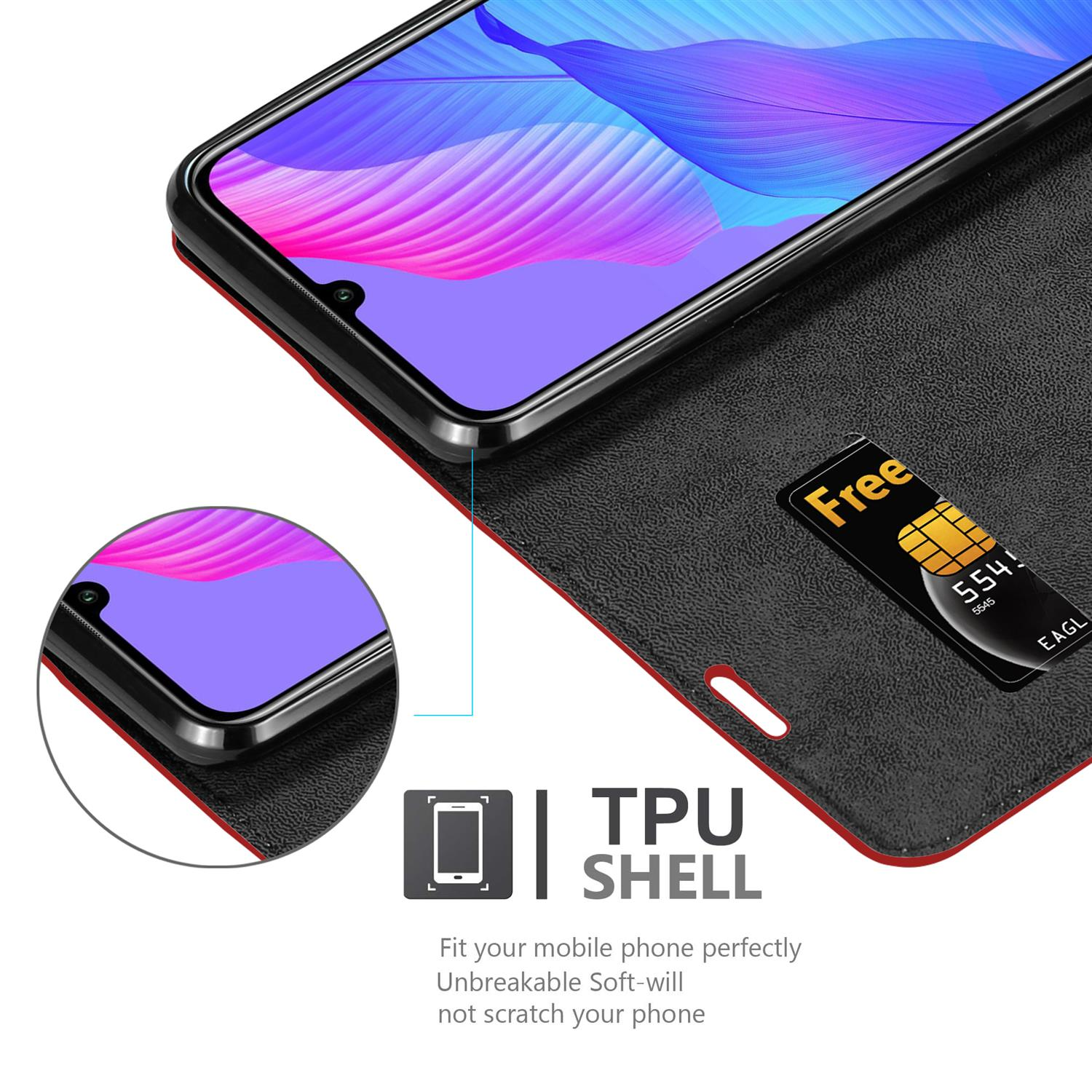Custodia nera e rossa con telefono e carta. Testo TPU shell visibile in basso.