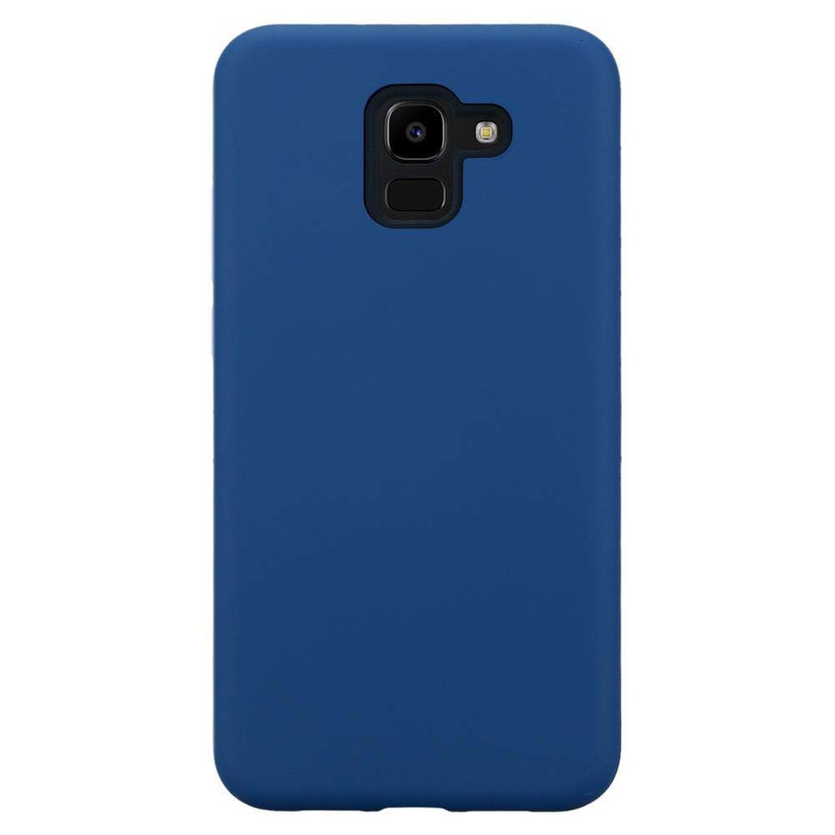 Custodia per telefono blu, vista posteriore, con l'area della fotocamera visibile.