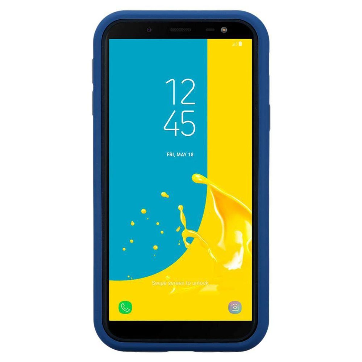 Telefono blu con uno splash giallo sullo schermo, in una custodia blu.