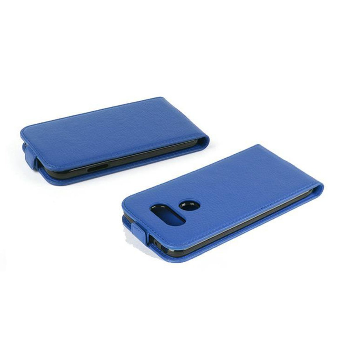 Due custodie blu per telefono. Entrambe le custodie sono chiuse. Le custodie sono su una superficie bianca.