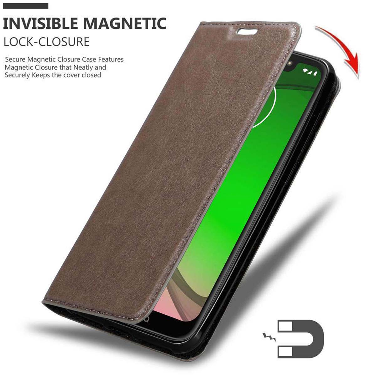 Custodia per telefono marrone, aperta, che mostra il telefono all'interno, con un simbolo di chiusura magnetica.