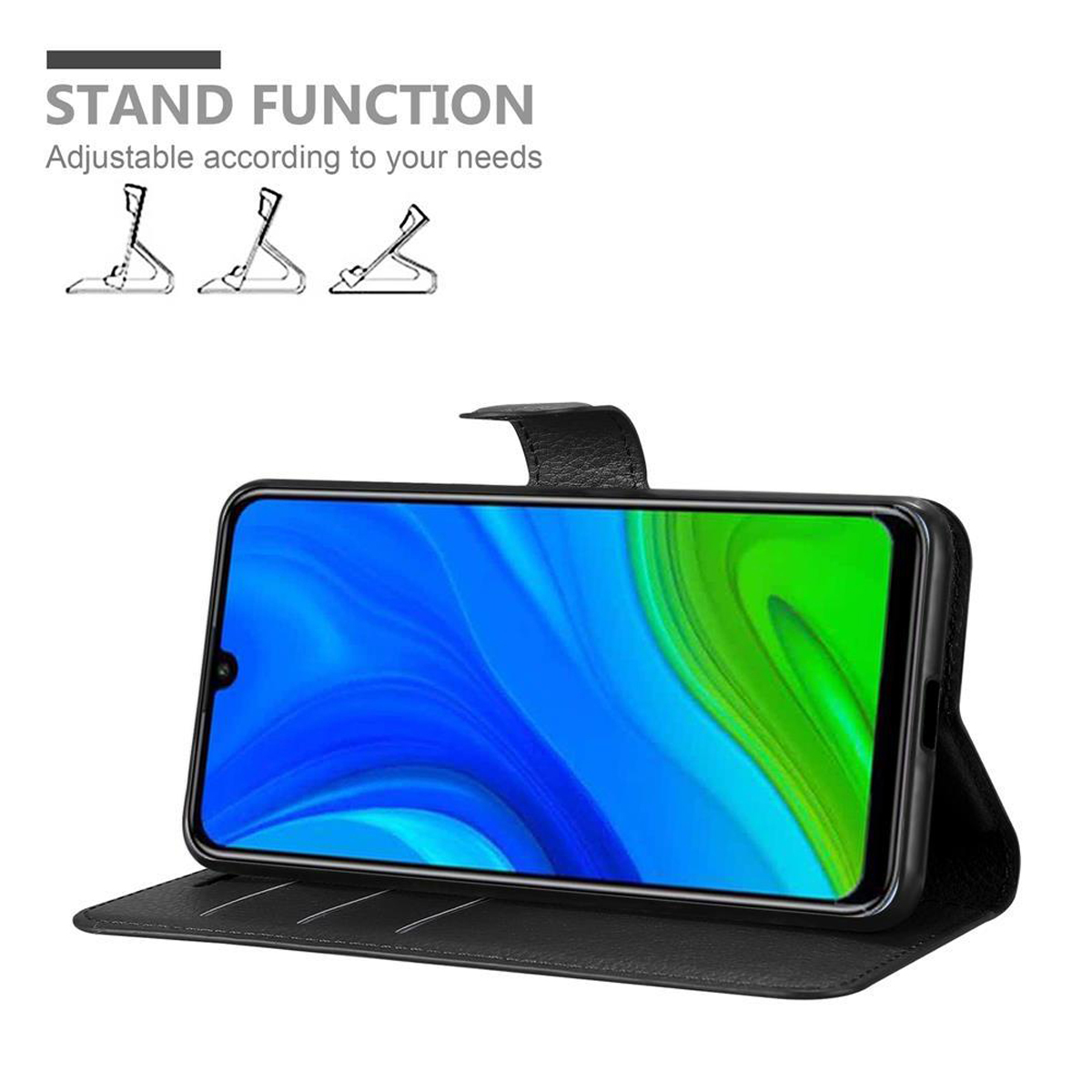 Portafoglio telefonico nero aperto, telefono dentro, schermo blu. Testo: FUNZIONE.
