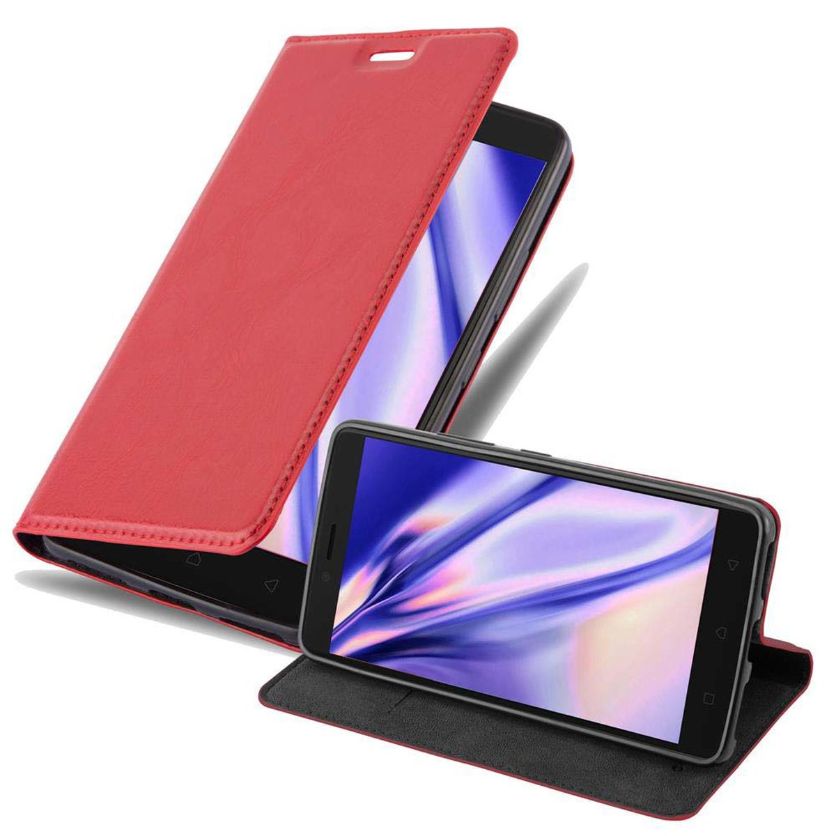 Funda de teléfono roja con un teléfono dentro. El teléfono muestra una pantalla negra.