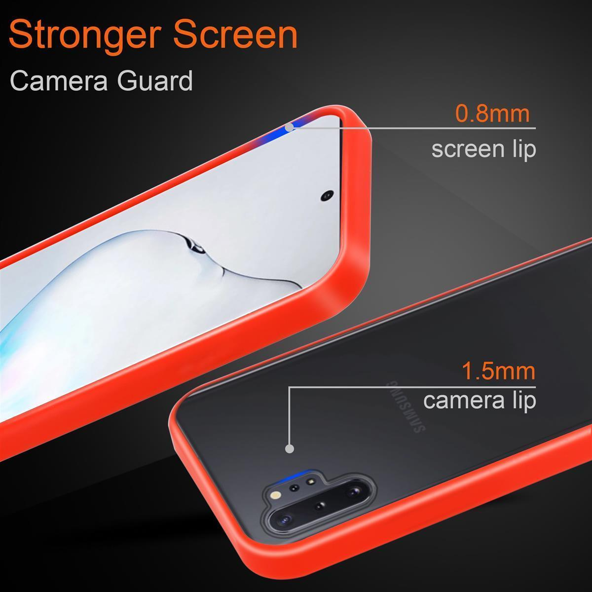 Custodia arancione per telefono, primo piano. Testo: Schermo più resistente, protezione fotocamera.