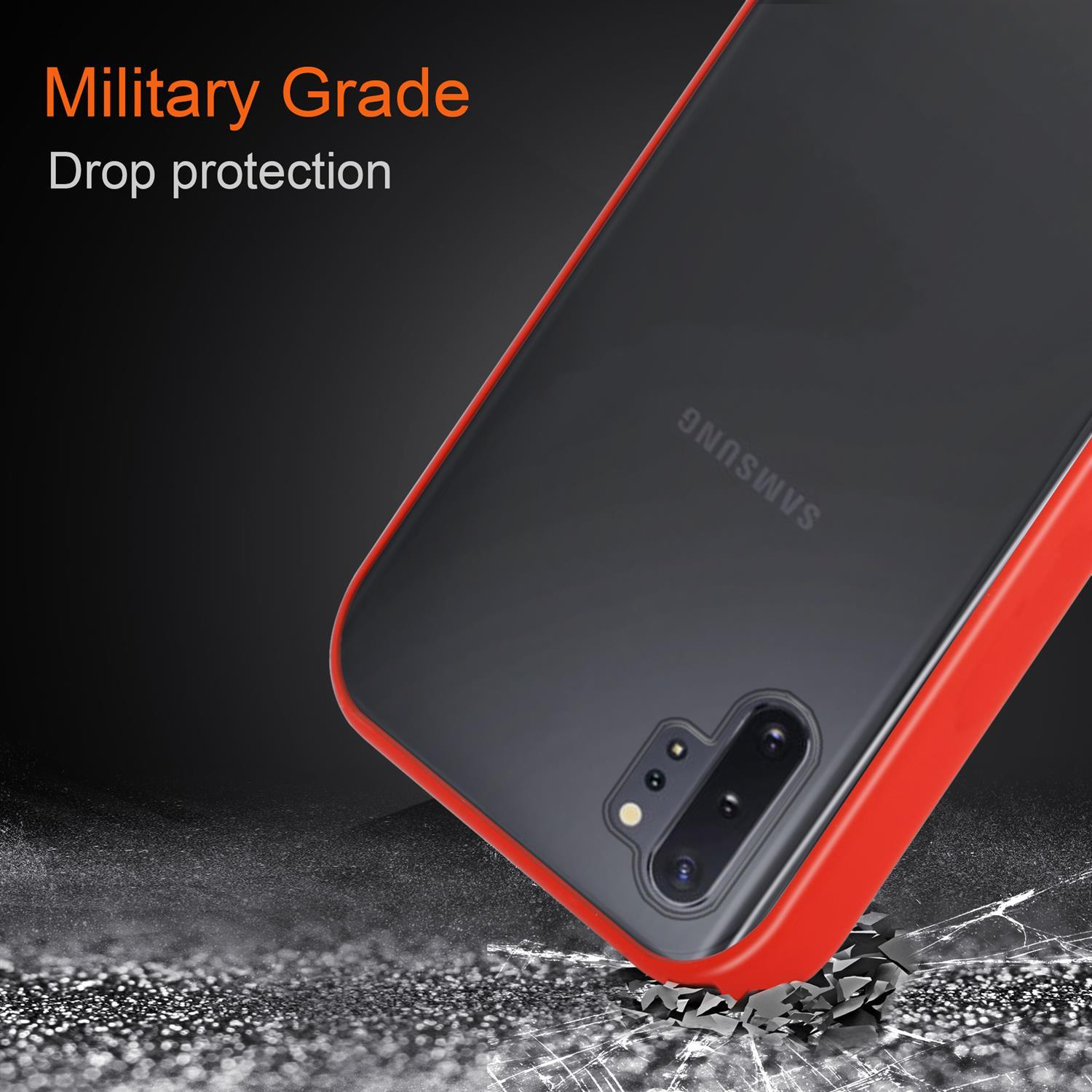 matter mit NOTE TPU Hybrid Rückseite, Samsung, Matt Silikon CADORABO 10, - Kunststoff Rot Hülle Schwarze und Backcover, Tasten Innenseite Schutzhülle Galaxy