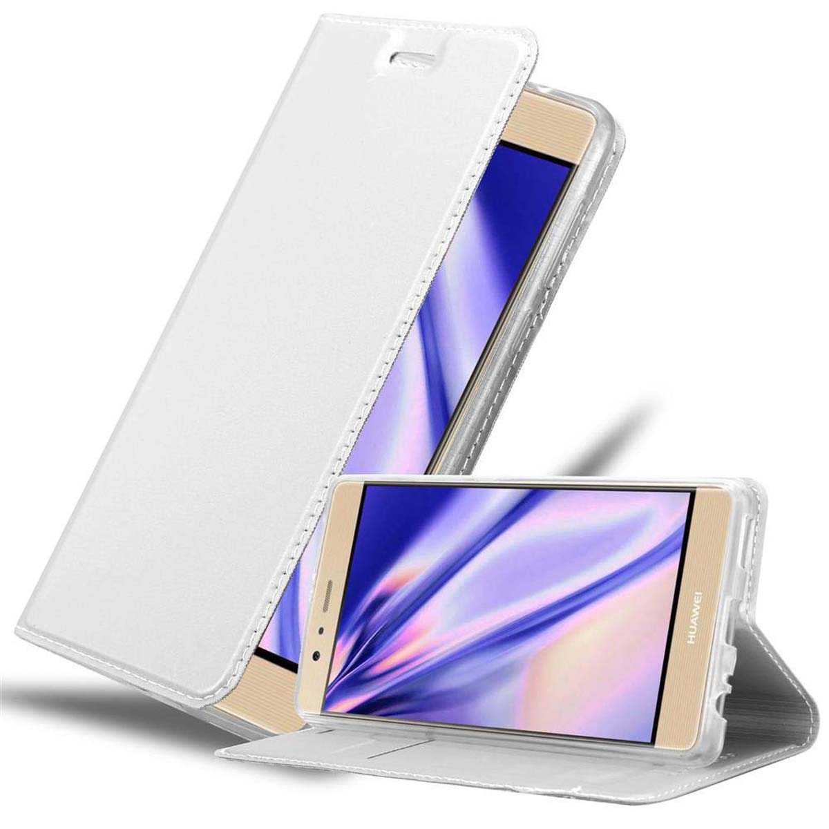 Funda de teléfono blanca abierta con teléfono dentro. Teléfono muestra pantalla colorida. Borde dorado.