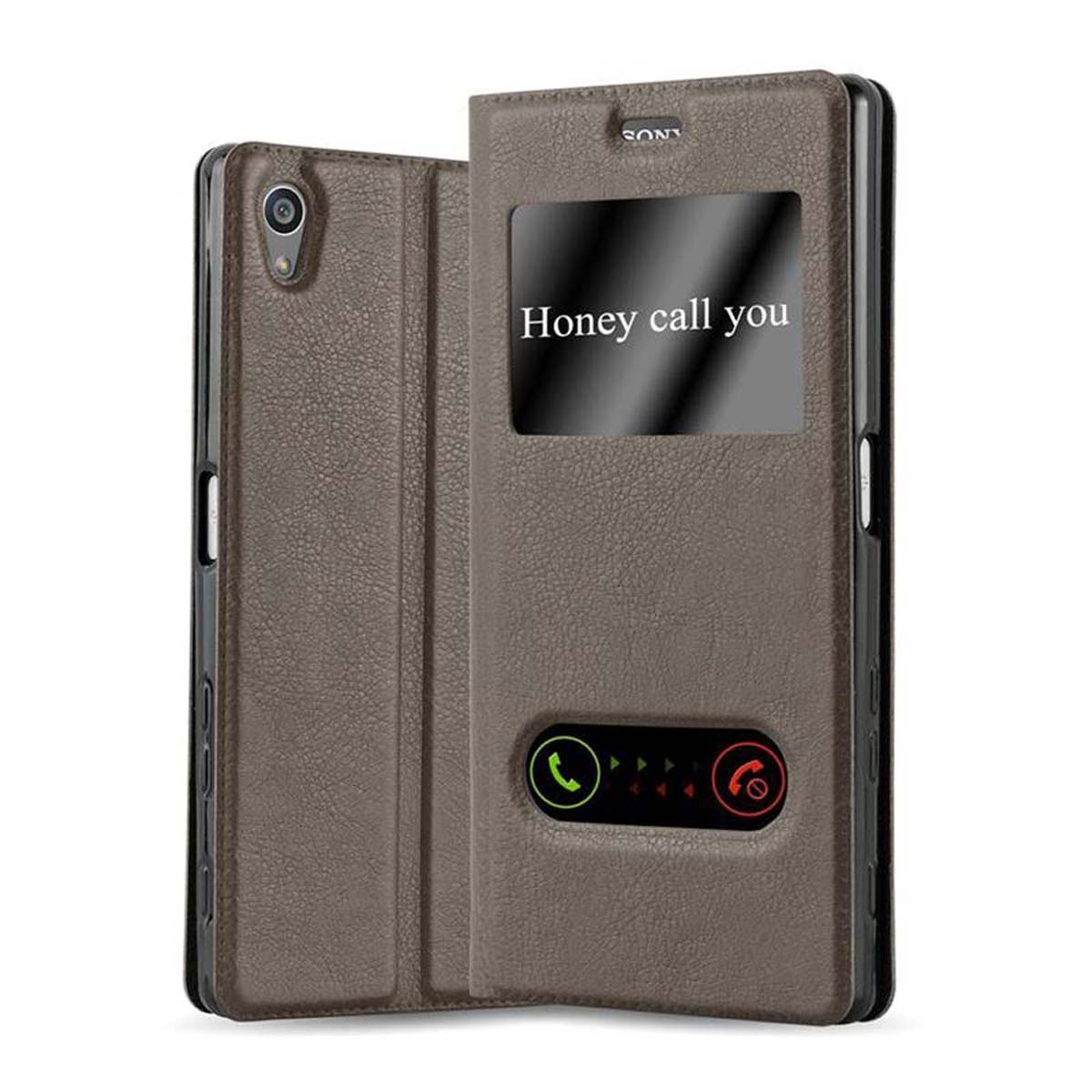 Funda de teléfono marrón con ventana. Dice 'Honey call you'. Tiene iconos de responder/rechazar llamada.