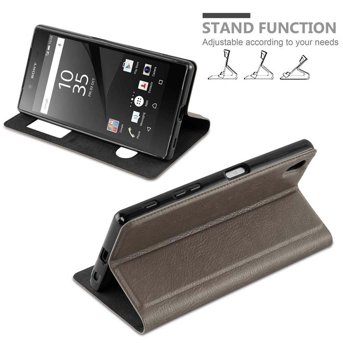 Funda para teléfono, teléfono apuntalado. Gráfico de función de soporte. Teléfono negro, funda negra y marrón.