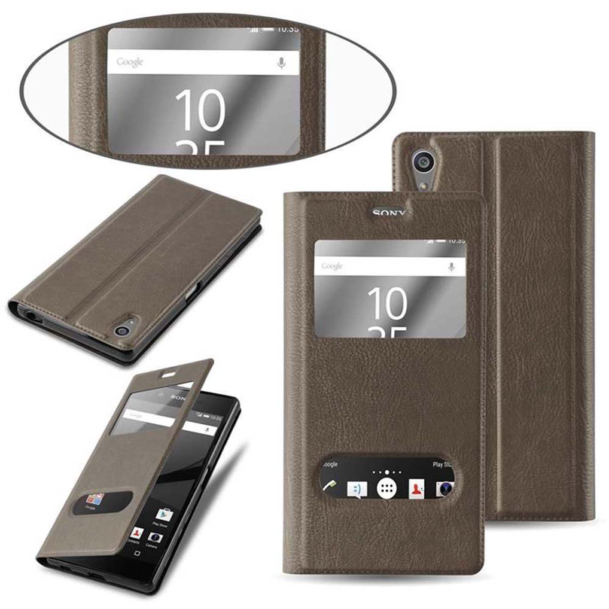 Funda de teléfono con un teléfono dentro con una ventana. Se muestran múltiples vistas de la funda.
