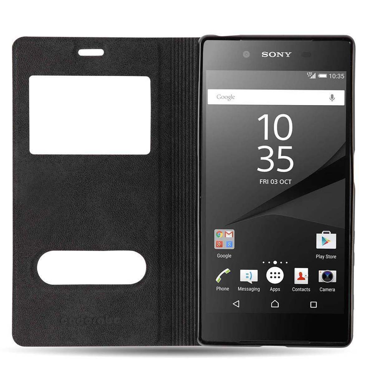 Teléfono negro en una funda, abierto. Cuenta con una pantalla, barra de búsqueda de Google e iconos de aplicaciones.