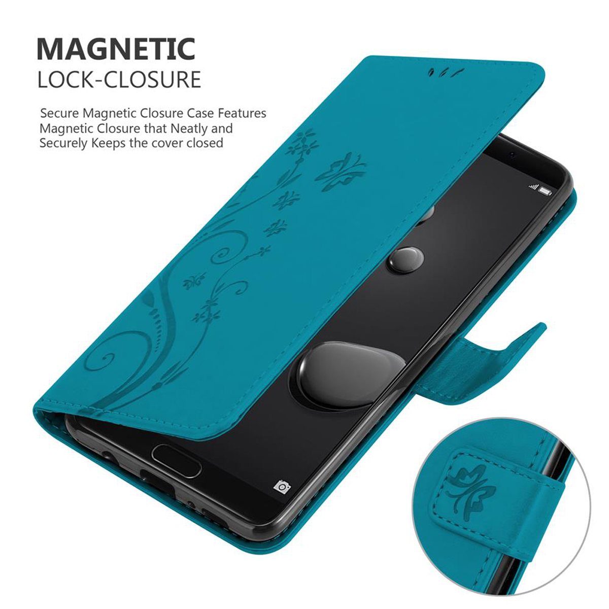 Custodia blu aperta con telefono all'interno. Ha un design floreale e una chiusura magnetica.