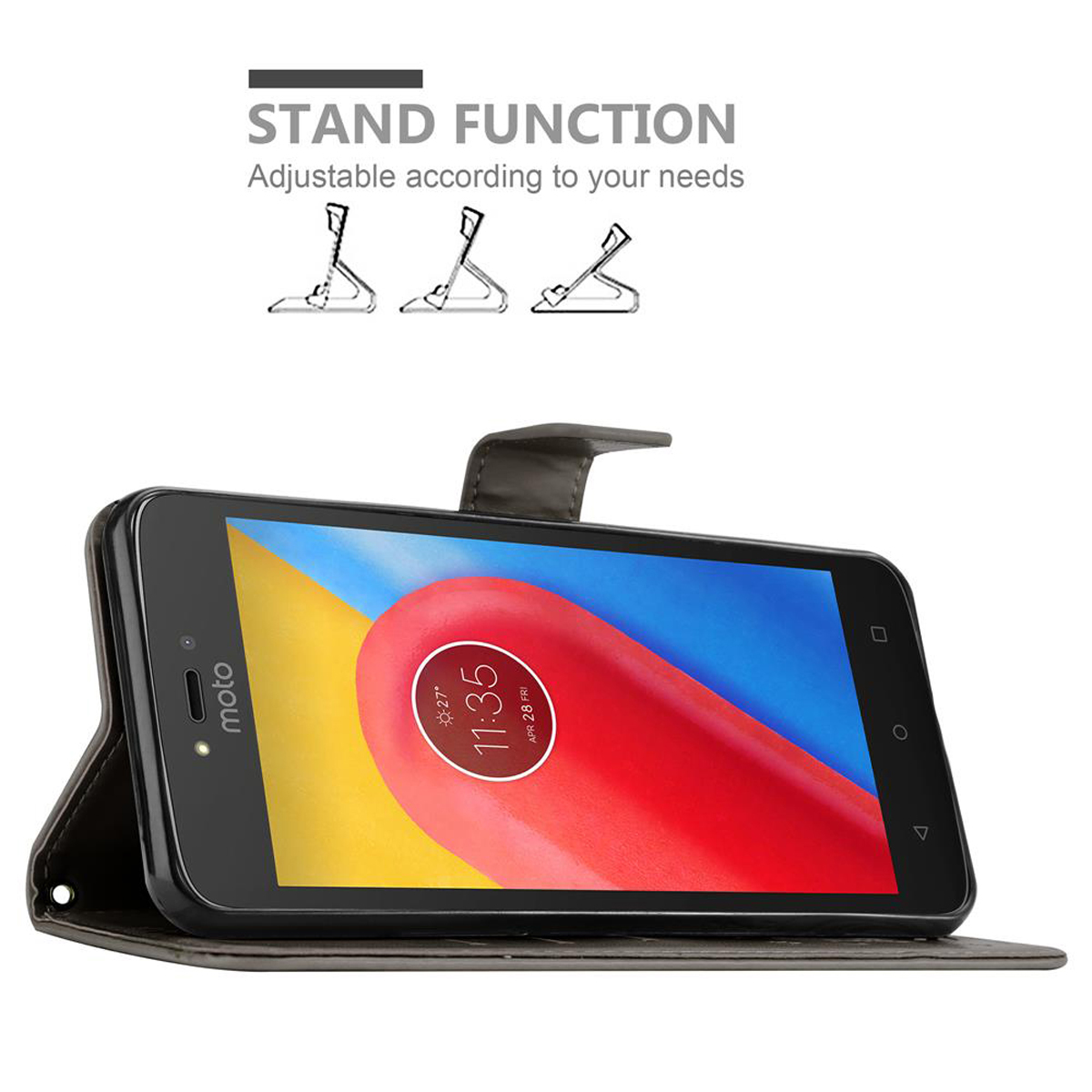Telefono in una custodia nera, aperto, appoggiato come supporto. Testo: Funzione stand, regolabile.
