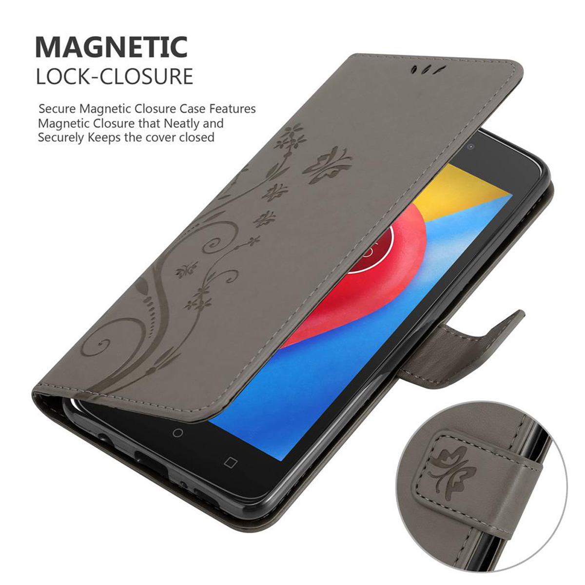 Custodia per telefono grigia con design floreale. Aperta, mostra un telefono all'interno.