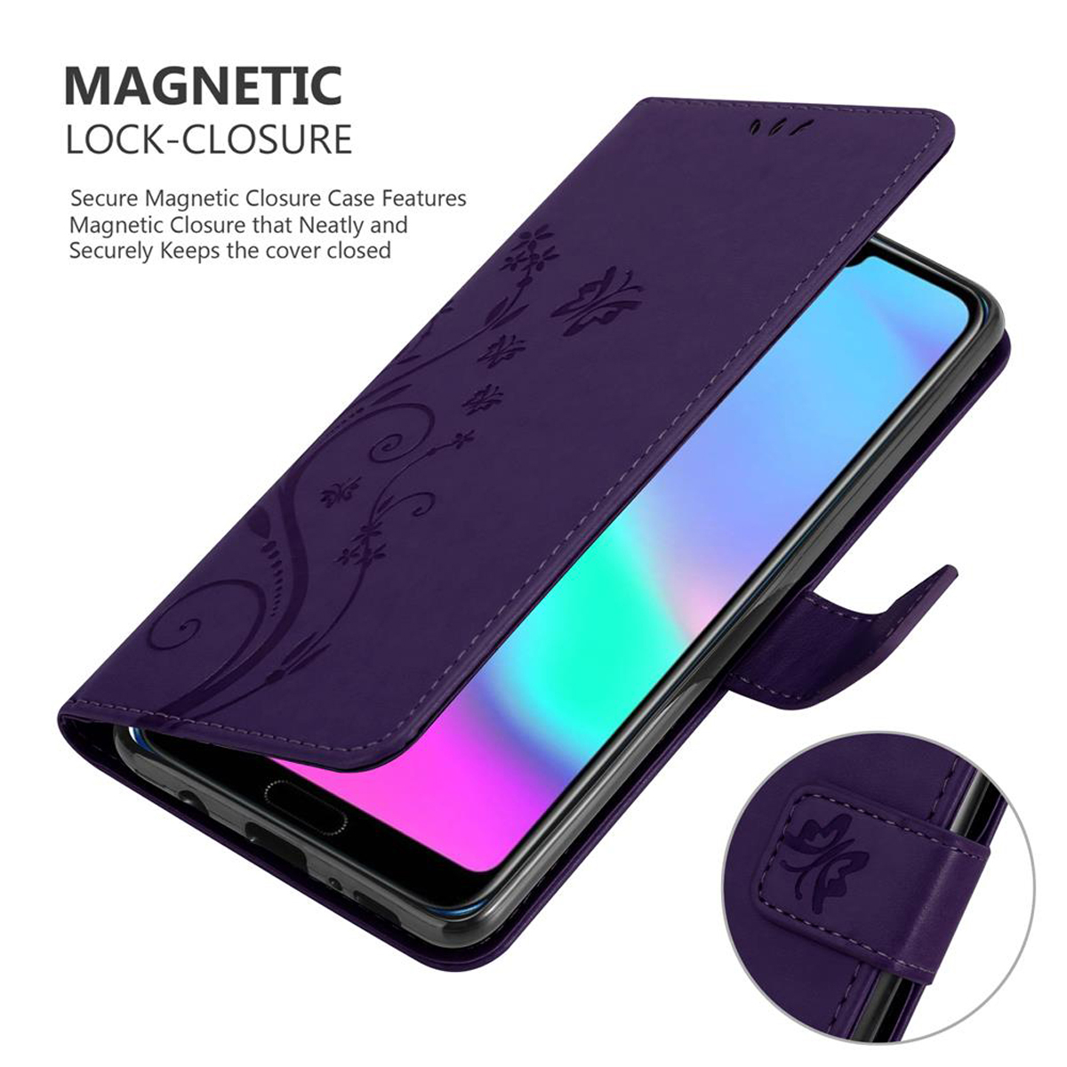 Lila Handyhülle offen, zeigt ein Telefon im Inneren. Verfügt über Blumendesign und Magnetverschluss.
